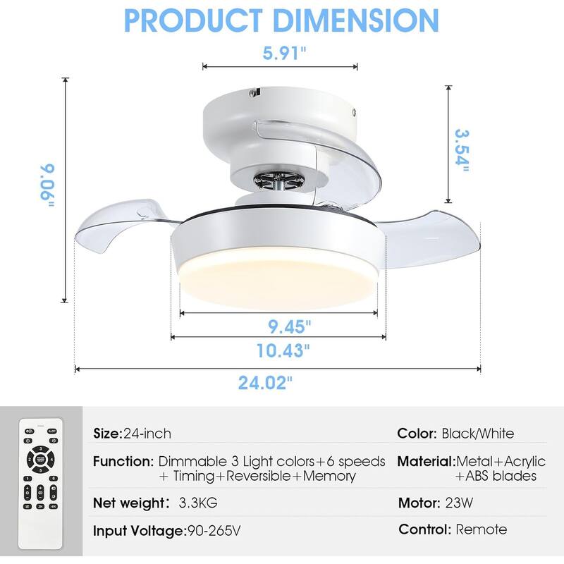 24" Small Ceiling Fan with Light and Remote,Retractable Blades,Small Fan Light for Bedroom,Closet,Bathroom - 13 Inches