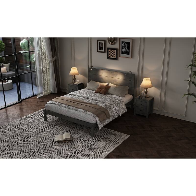 Farmhouse Wooden Platform Full Size Bed, Modern Platform Bed with Two Bedside Lights