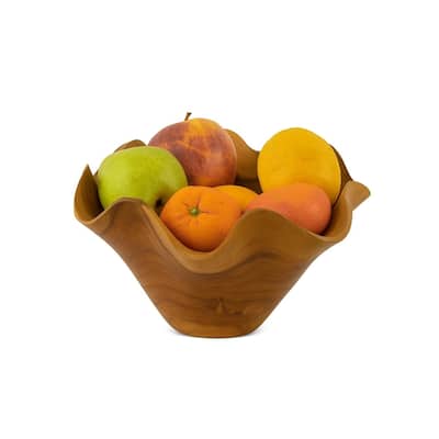 Wood Wave-Edge Bowl - Hand Carved Decorative Fruit or Salad Bowl, Rustic Centerpiece - 9" diameter x 6" tall
