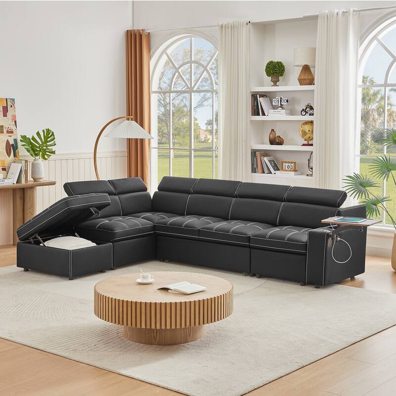 Modern Sectional Sofa Bed with USB Ports and Storage Ottoman and Swivel Table for Living Room and Guest Room