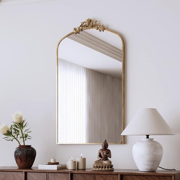 metal dressing mirror Wall Mirror 43x24 Inch Vintage Ornate Arched Floor Mirror Metal Framed Mirror Dressing Mirror, for Entryway, Living Room
