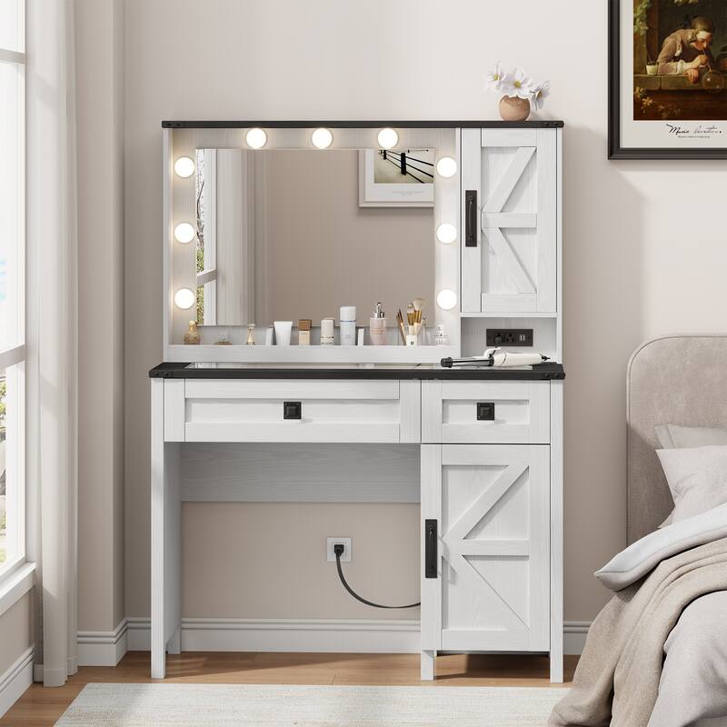 39.3" Farmhouse Makeup Vanity Desk with Mirror and LED Lights, Rustic Vanity Table