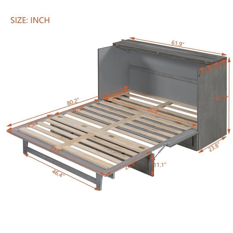 Queen Size Solid Wood Murphy Bed with Storage Drawers, USB Ports, and Space-Saving Design