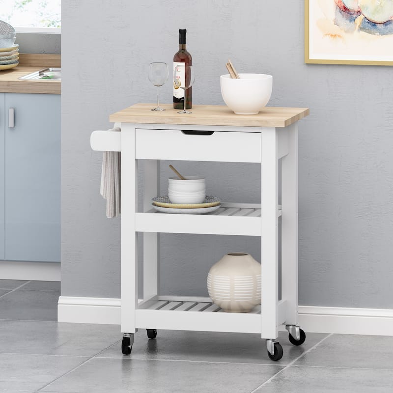 Contemporary Multifunctional Kitchen Cart with Rubberwood Top, Open Slat Shelving, Rolling Casters, Drawer and Towel Holder