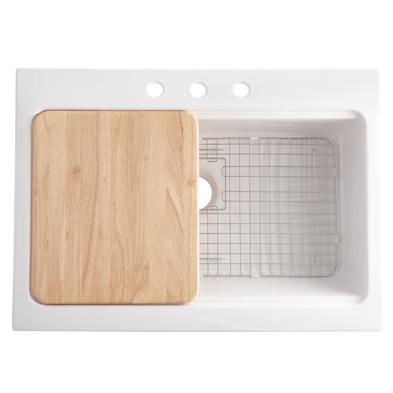 Parker White Fireclay 34" Quick-Fit Farmhouse Apron Front Drop-In Single Bowl Kitchen Sink Workstation with Pfirst Faucet Kit