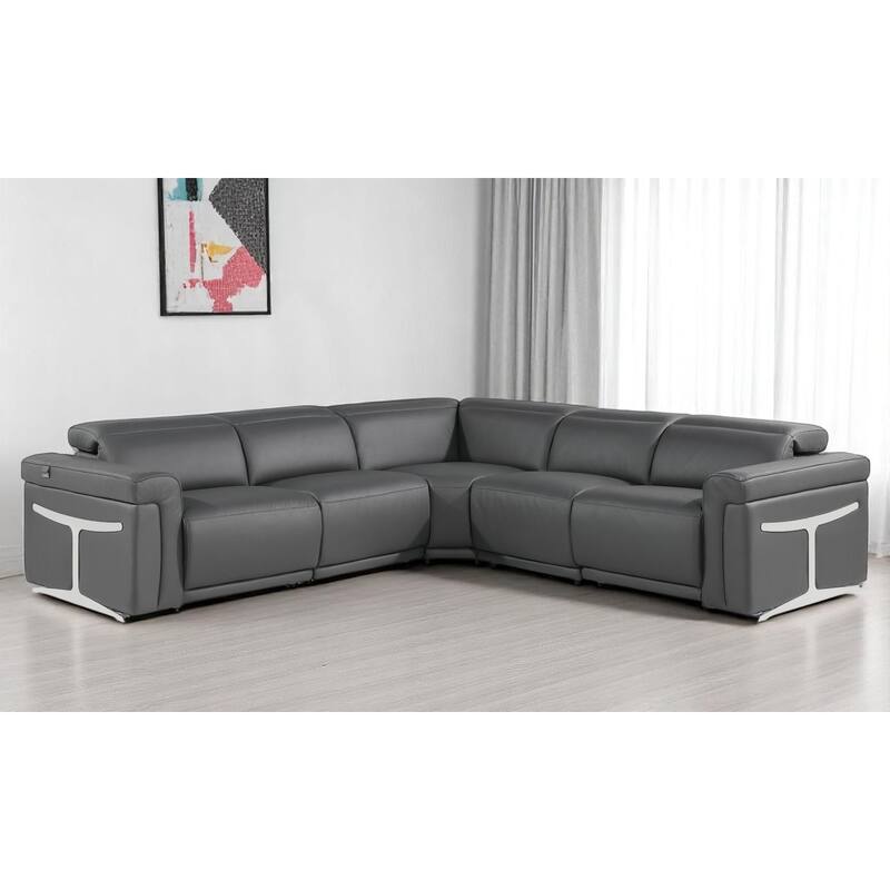 HomeRoots Gray Italian Leather Modular L Shaped Five Piece Corner Sectional - Reversible - Gray