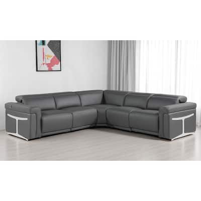 HomeRoots Gray Italian Leather Modular L Shaped Five Piece Corner Sectional