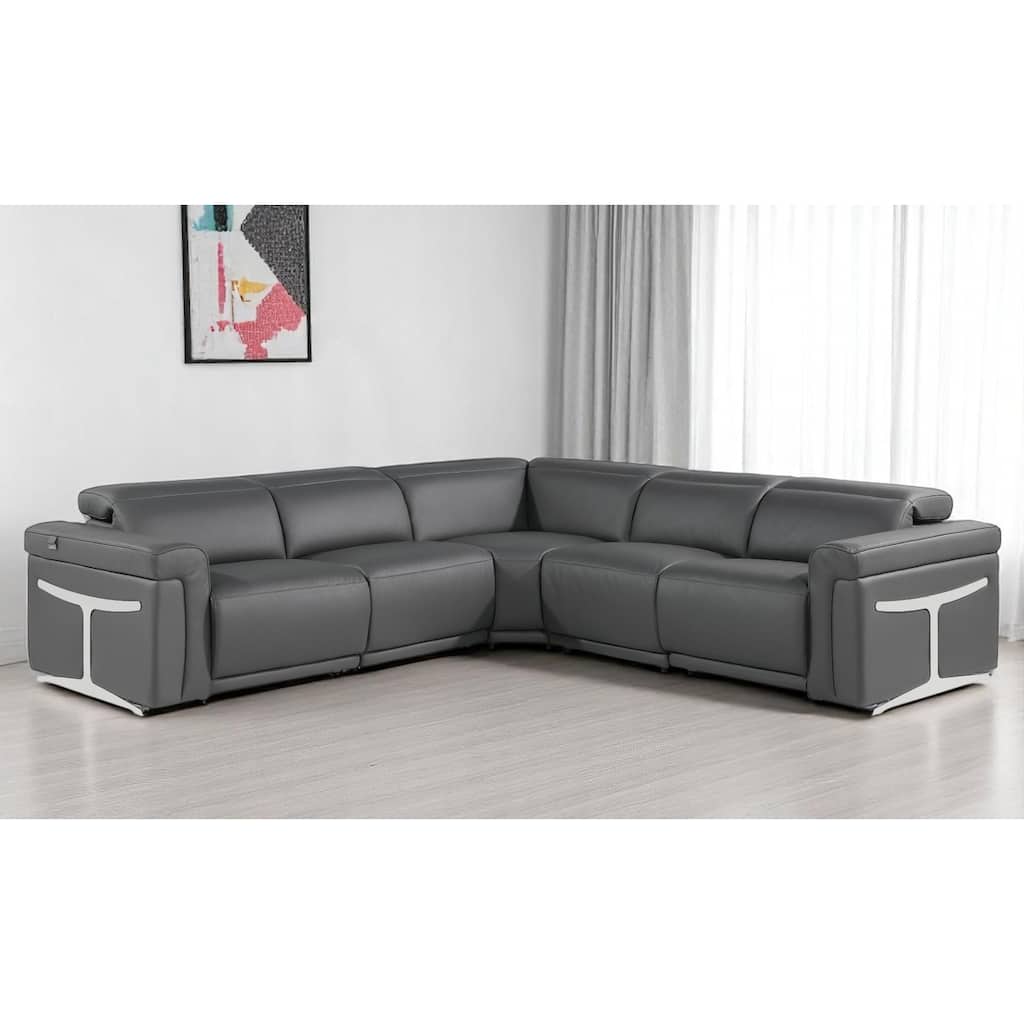 HomeRoots Gray Italian Leather Modular L Shaped Five Piece Corner Sectional