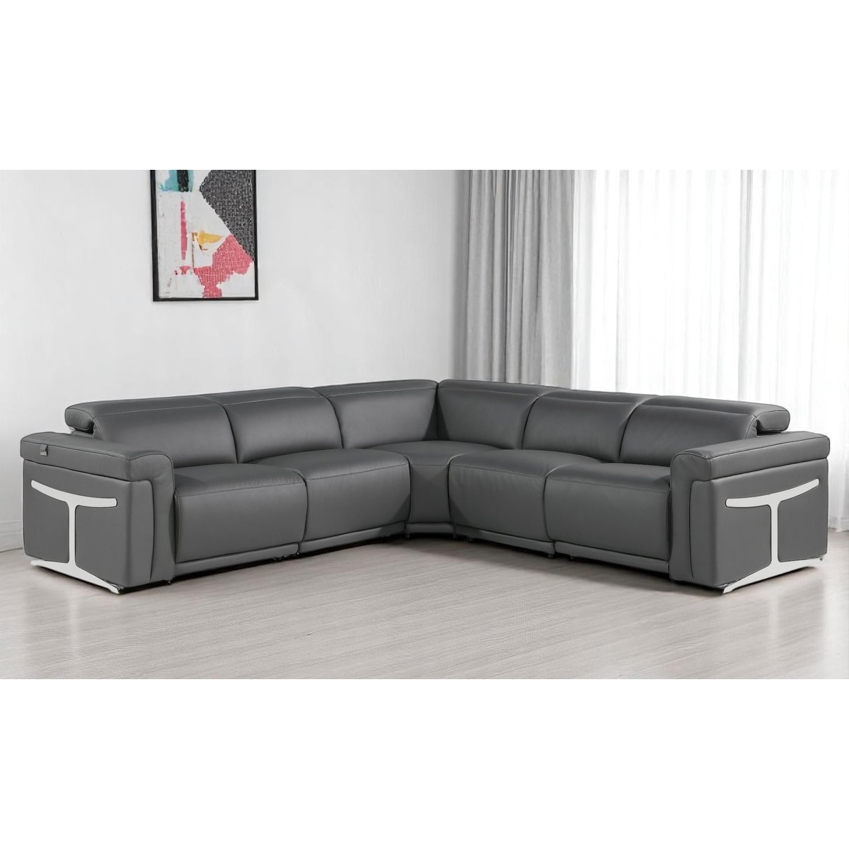 HomeRoots Gray Italian Leather Modular L Shaped Five Piece Corner Sectional