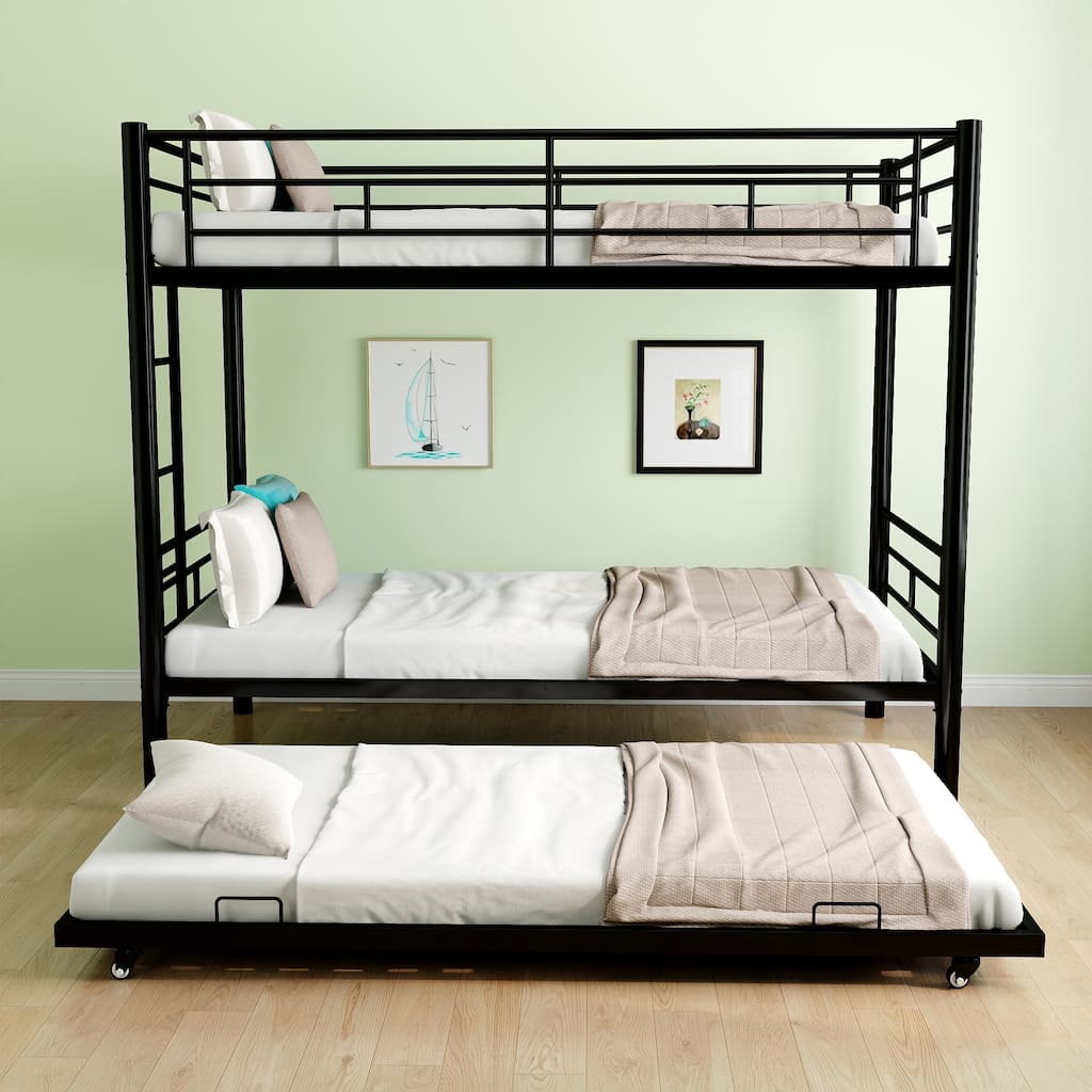 Heavy-duty Sturdy Meta Twin over Twin Bunk Bed, Noise Reduced,Safety Guardrail,No Box Spring Needed