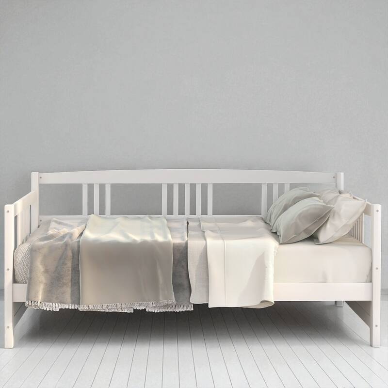 Modern Twin Size Solid Wood Daybed with 3-Sided Rail, Vintage Style Frame with Slats, Multifunctional Sofa Bed
