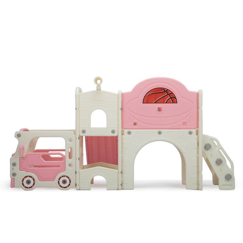 Bus-Themed 9-in-1 Kids Slide & Climbing Playset,Freestanding Castle Playhouse
