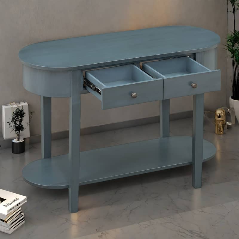 40" Solid Wood Console Table with Real Wood Veneer, 2 Drawers and Lower Shelf, MDF and Pine Frame - Navy
