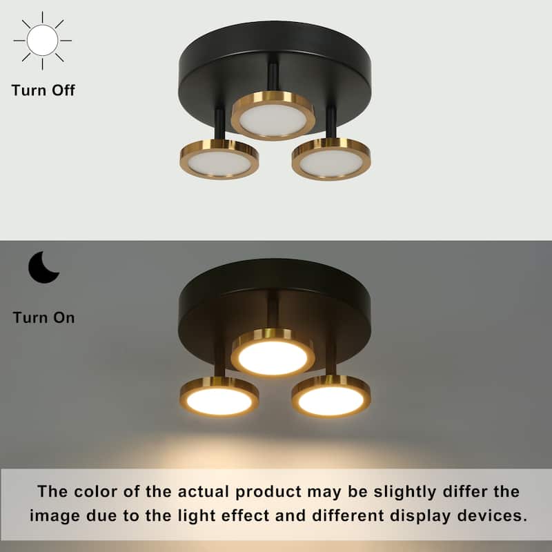 Modern Black Brass 3-Light Integrated LED Semi Flush Mount Ceiling Light with Adjustable Disc Heads - D 9" x H 5.5"