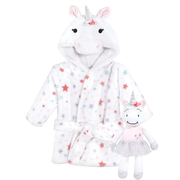 slide 1 of 1, Hudson Baby Infant Girl Plush Bathrobe and Toy Set, Rainbow Unicorn, One Size - Rainbow Unicorn - One Size One Size - Rainbow Unicorn