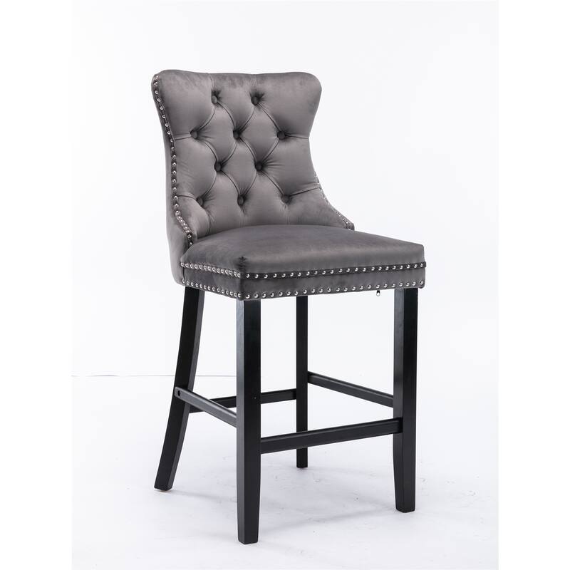 Modern Velvet Upholstered Barstools Bar Chairs with Button Tufted Decoration,Wooden Legs,Chrome Nailhead Trim, Set of 2