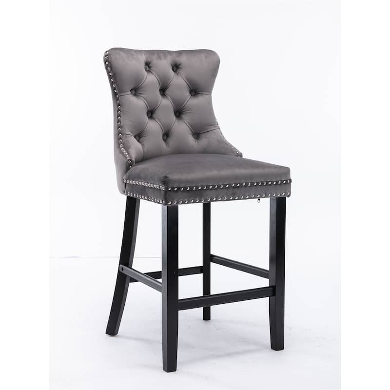 Roomfitters Velvet Bar Stools Set of 2, Tufted Upholstered Counter Chairs with Nailhead Trim and Wooden Legs