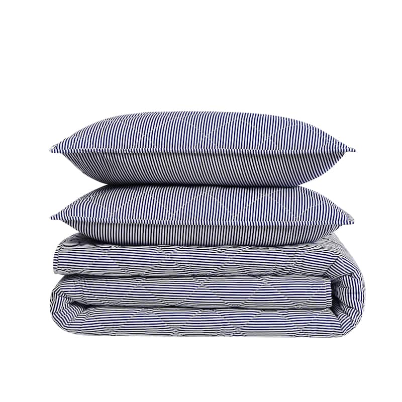 Brooklyn Loom Pinstripe 3 Piece Quilt Set - King - White/Navy
