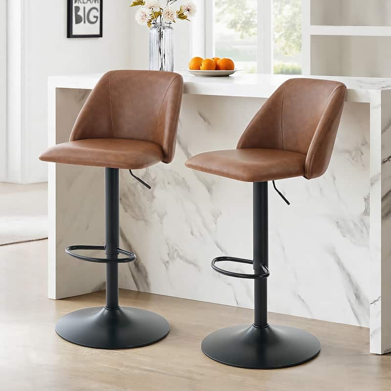 RENEWLINE Adjustable Swivel Bar Stool - PU Leather Counter Height Stool with Square Open Back for Kitchen Island - Set of 2 - Brown