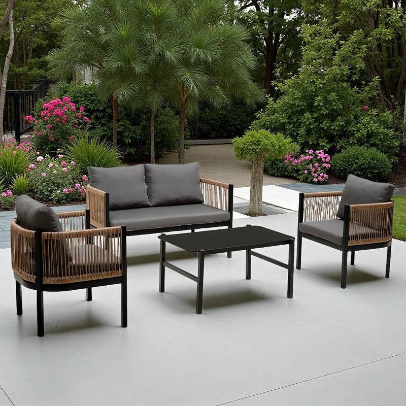 4-Piece Outdoor Patio Iron Conversation Sofa Set with Tempered Glass Coffee Table - Grey