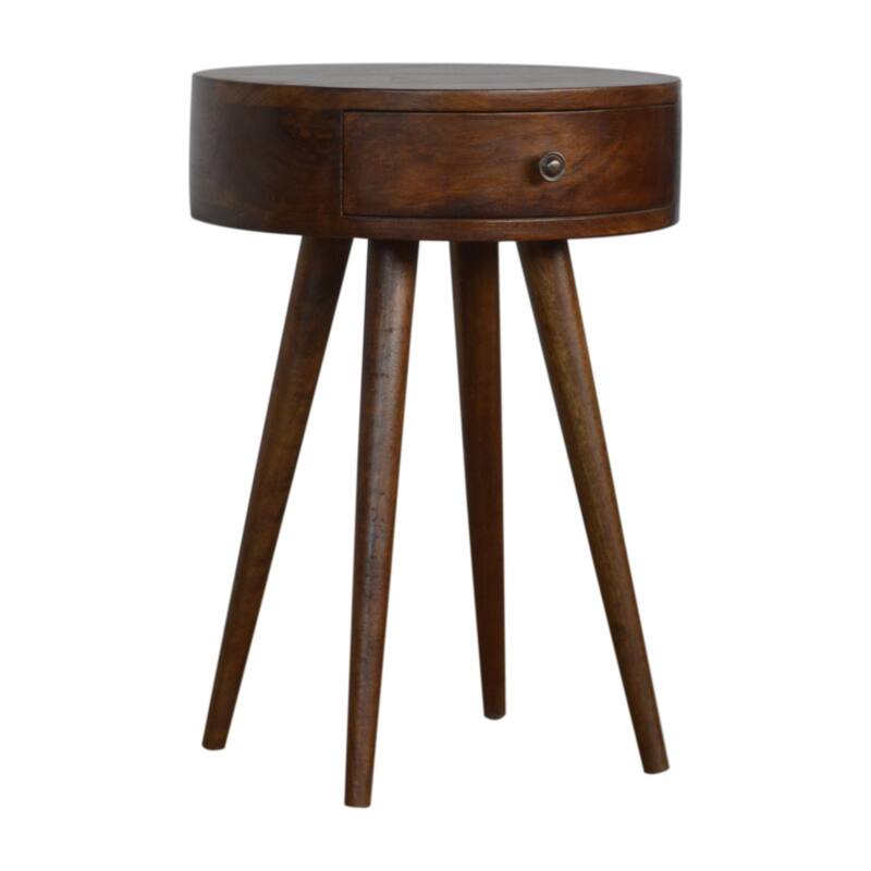 Circular Chestnut Nightstand with Nordic Legs and One Drawer
