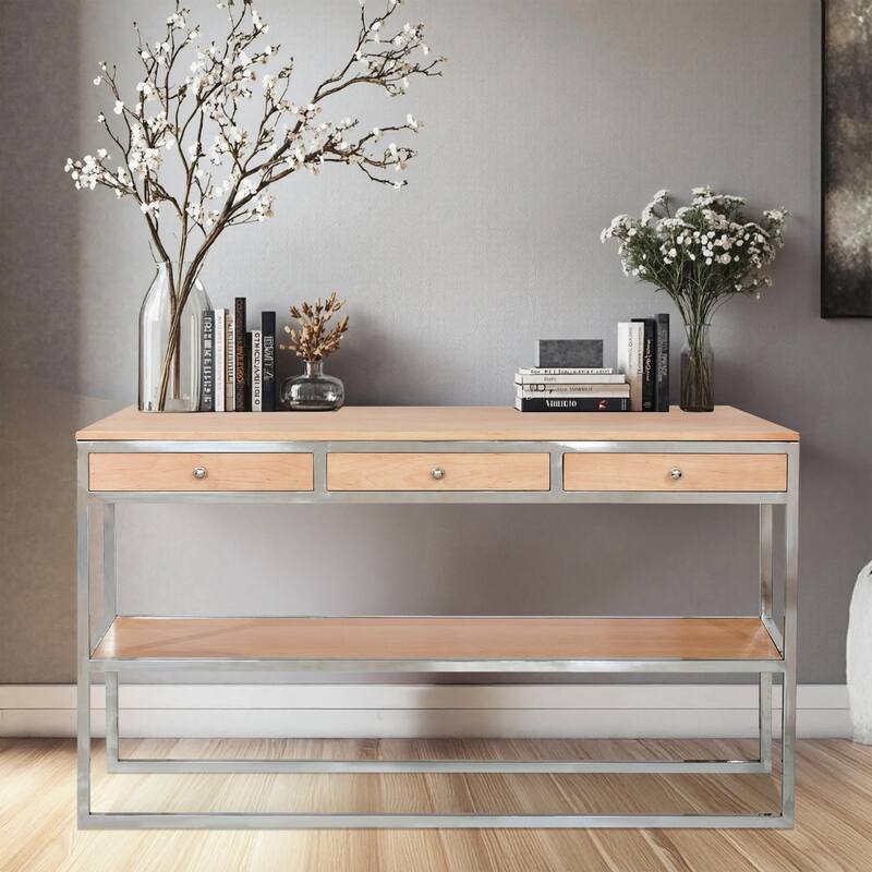 Pasargad Home Oren Cream/Silver Console Table with 3 Drawers - W55" x D15.75" x H32.5"