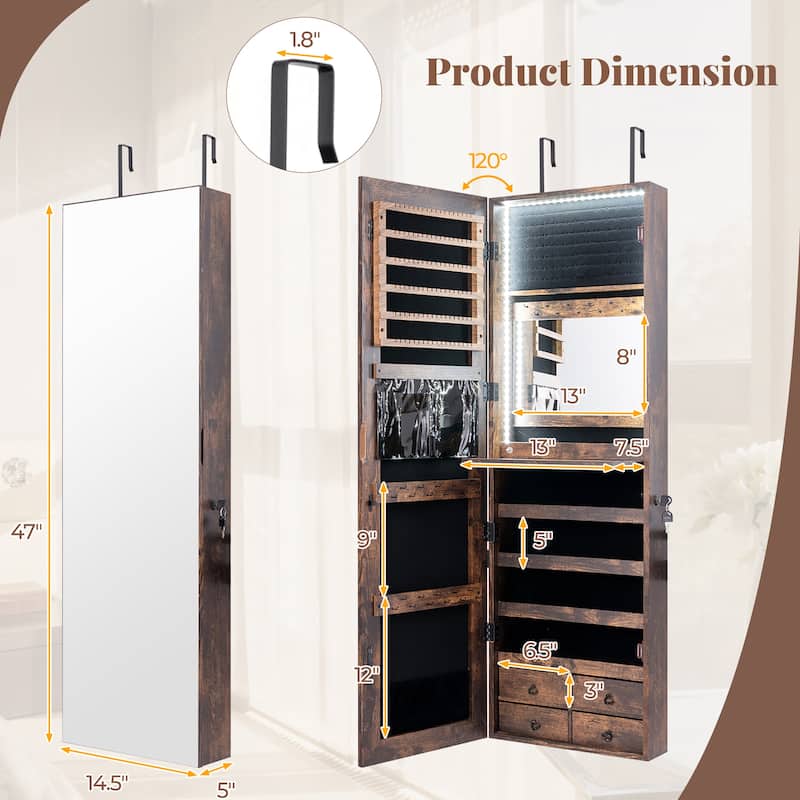 Gymax Mirror Jewelry Cabinet 96 LED Lights Wall Door Mounted Armoire