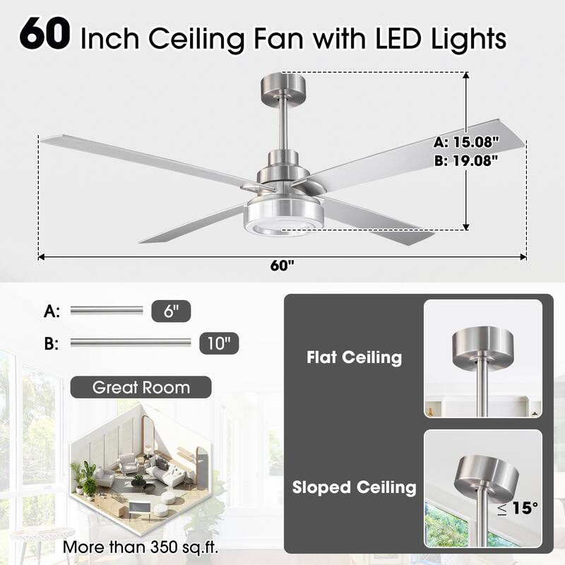 Vaczon 60" Modern Brushed Nickel Integrated LED Smart Ceiling Fan with Light and App