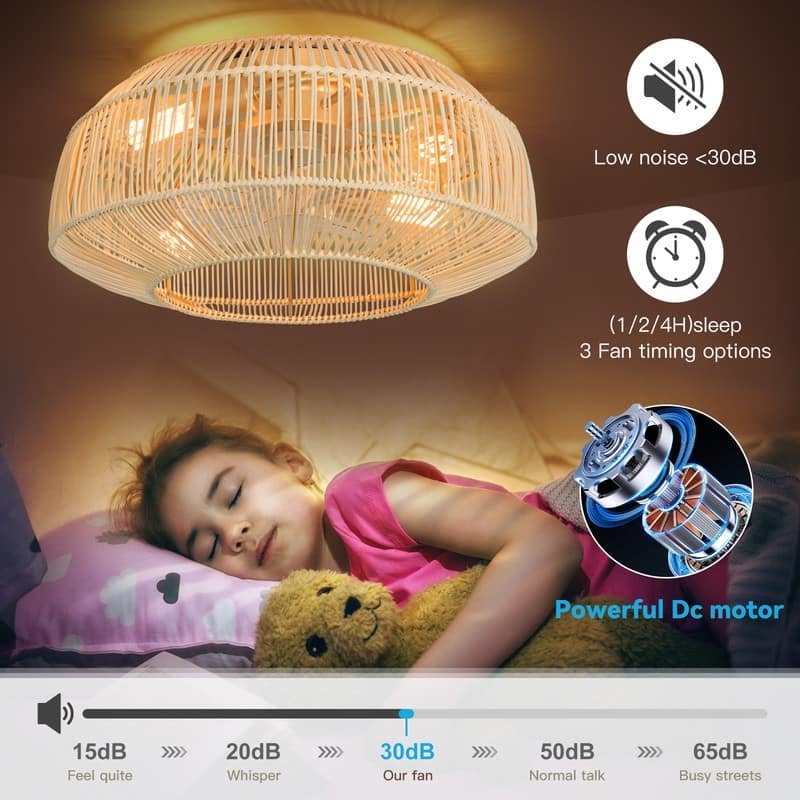 20 in. 4-Lights Indoor Gold Rattan Flush Mount Ceiling Fan Low Profile Ceiling Fan with Remote Included No Bulbs for Kids Room