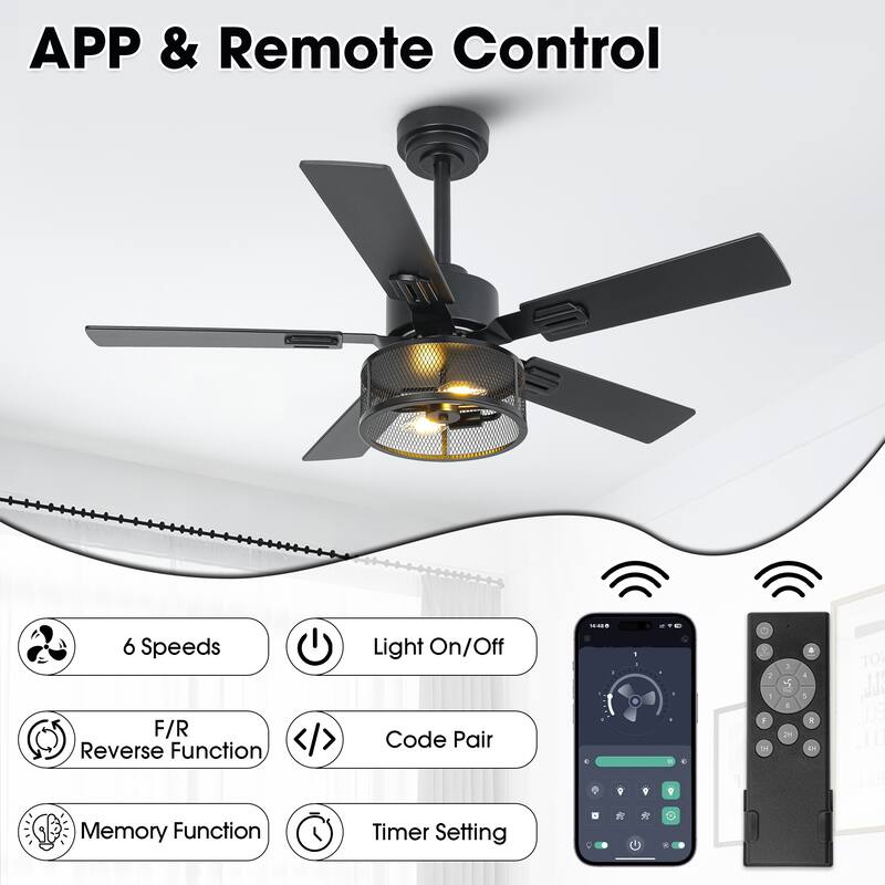 Vaczon 42" Modern Black 5-Blade Smart Ceiling Fan with Light Kit and APP Control
