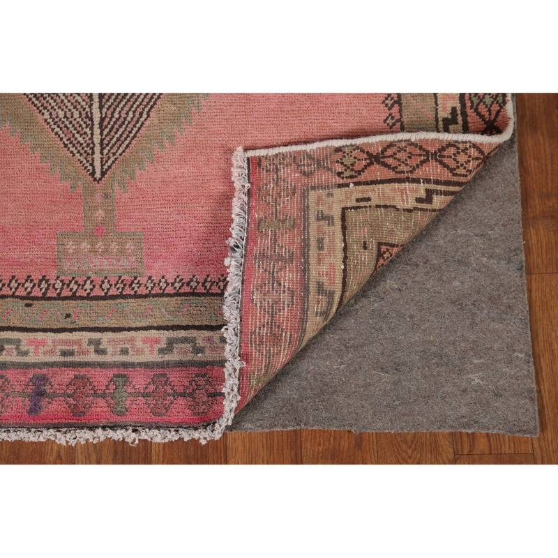 Pink Geometric Sirjan Persian Runner Rug Vintage Handmade Wool Carpet - 3'4" x 12'3"