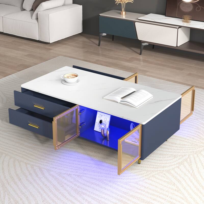 47.2" Modern Coffee Table with 2 Glass Door, 4 Drawers and Multi-Color Lighting