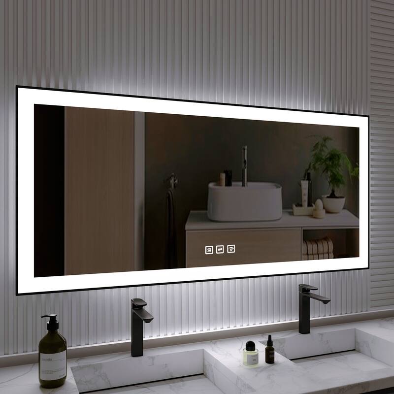 Organnice Rectangular Framed LED Anti-Fog Bathroom Wall Mirror in Black with Backlit and Front Light - 60"*28"