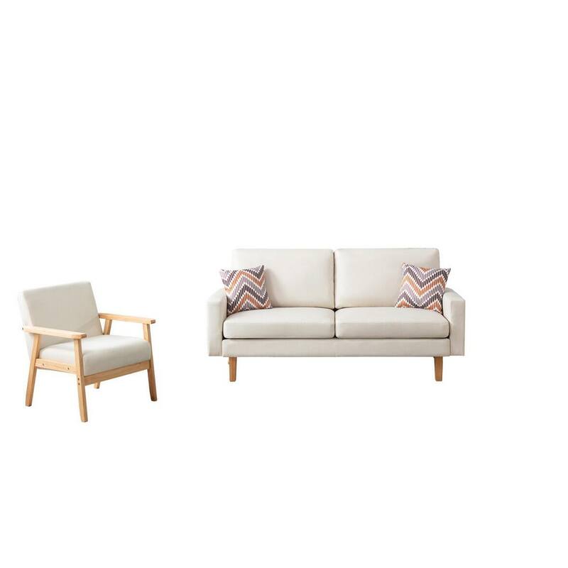 Gala 2 Piece Sofa and Chair Set, Ivory Fabric, 2 Pillows, Brown Wood Frame - Brown