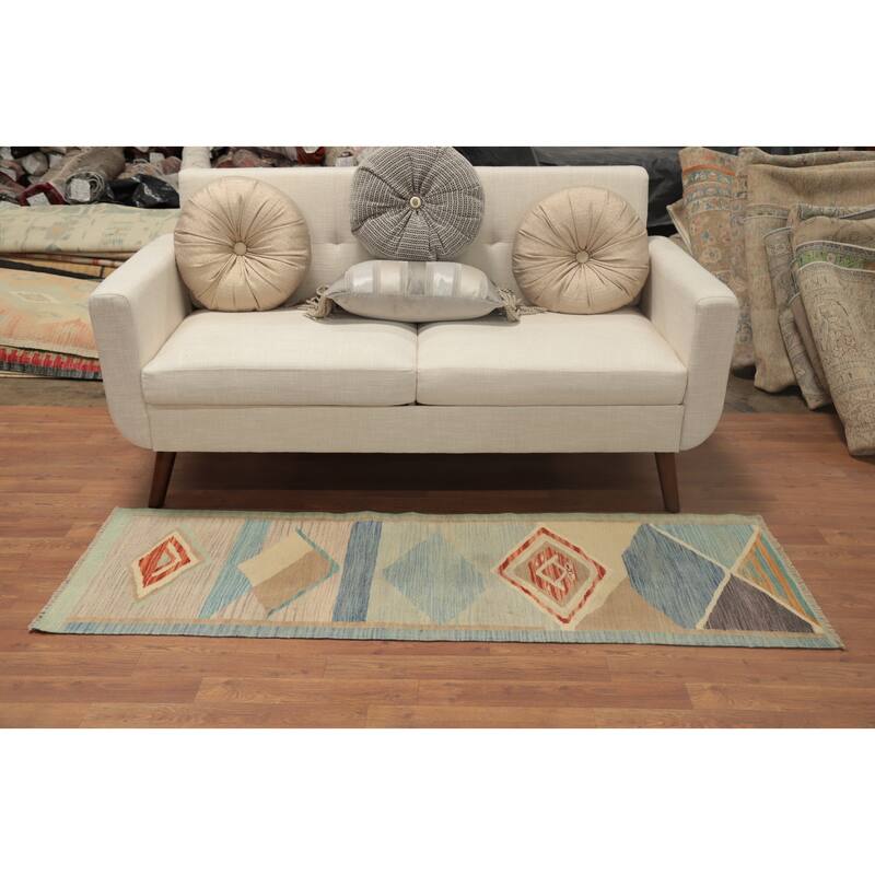 Hand Woven Oriental 100% Wool Carpet Southwestern Modern Navy Blue & Blues Kilim Runner Rug - 5' 9'' X 2' 0''