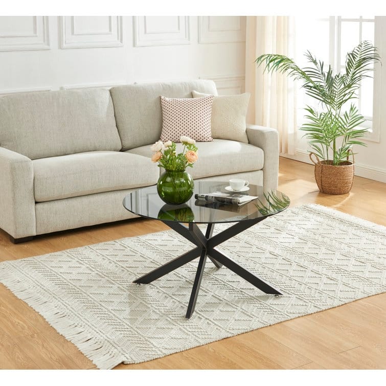 35.4" Round Coffee Table With Glass Top - Black