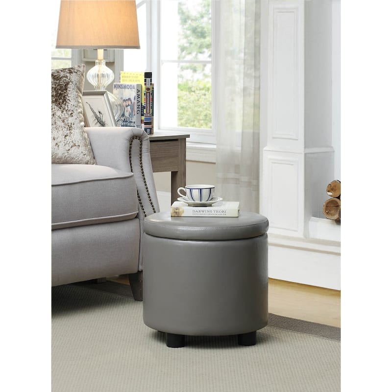 Contemporary Round Accent Storage Ottoman with Reversible Tray Lid for Small Spaces and Multipurpose Organization