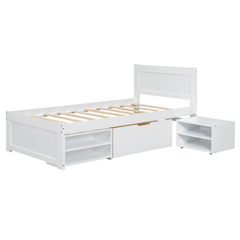 Twin Size Modern Style Platform Bed with Drawer and Two Double-layer Storage Shelves for Bedroom