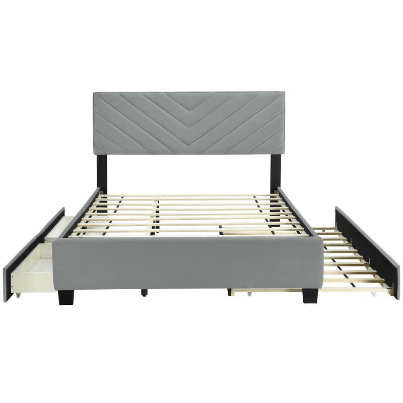 HomeRoots Gray Tufted Upholstered Queen Bed Frame With Trundle And Drawers