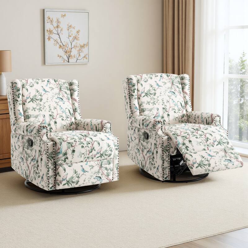 Floral Linen Manual Recliner Chair with Footrest set of 2 - BIRD SWIVEL