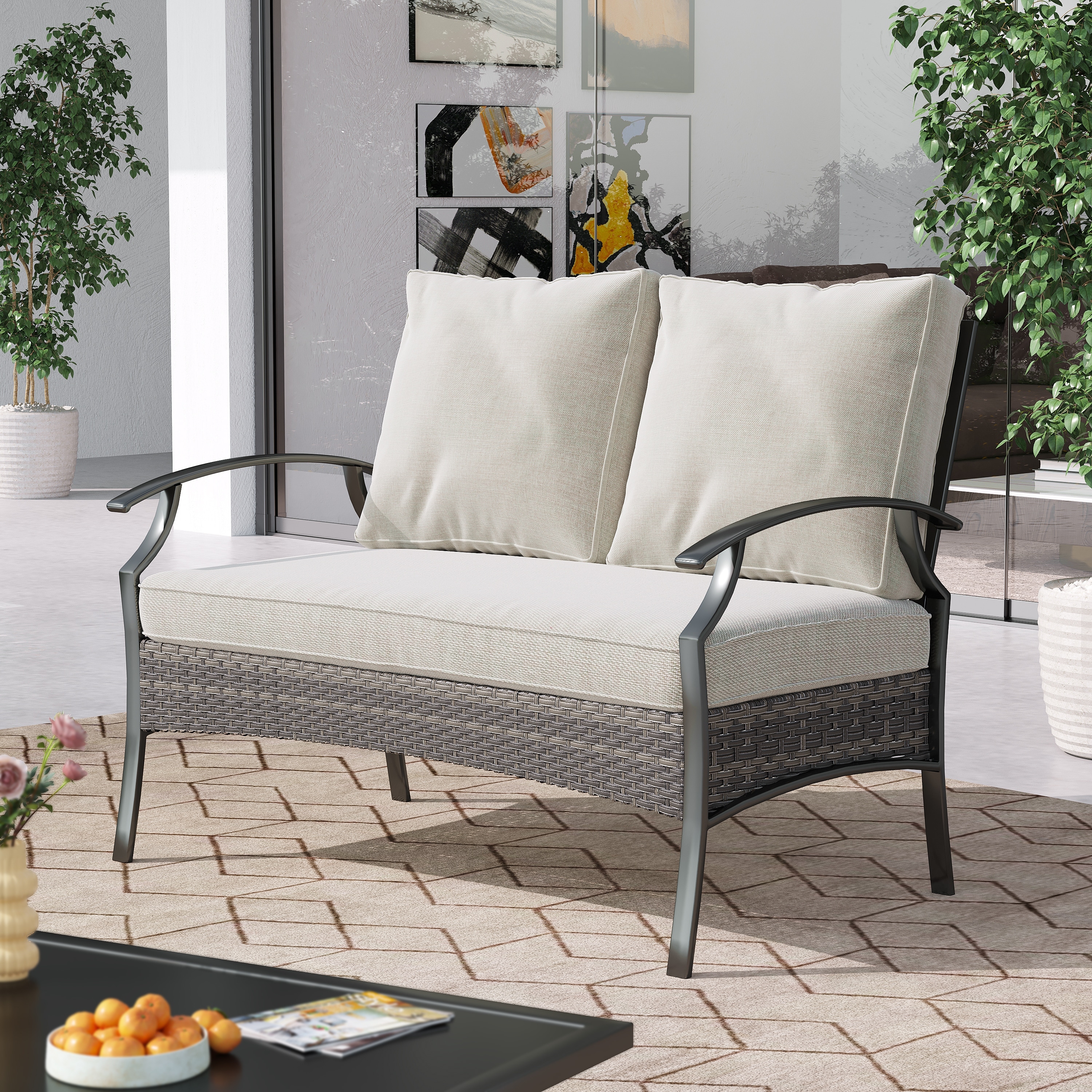 Outdoor Metal Wicker Cushioned Loveseat Sofa