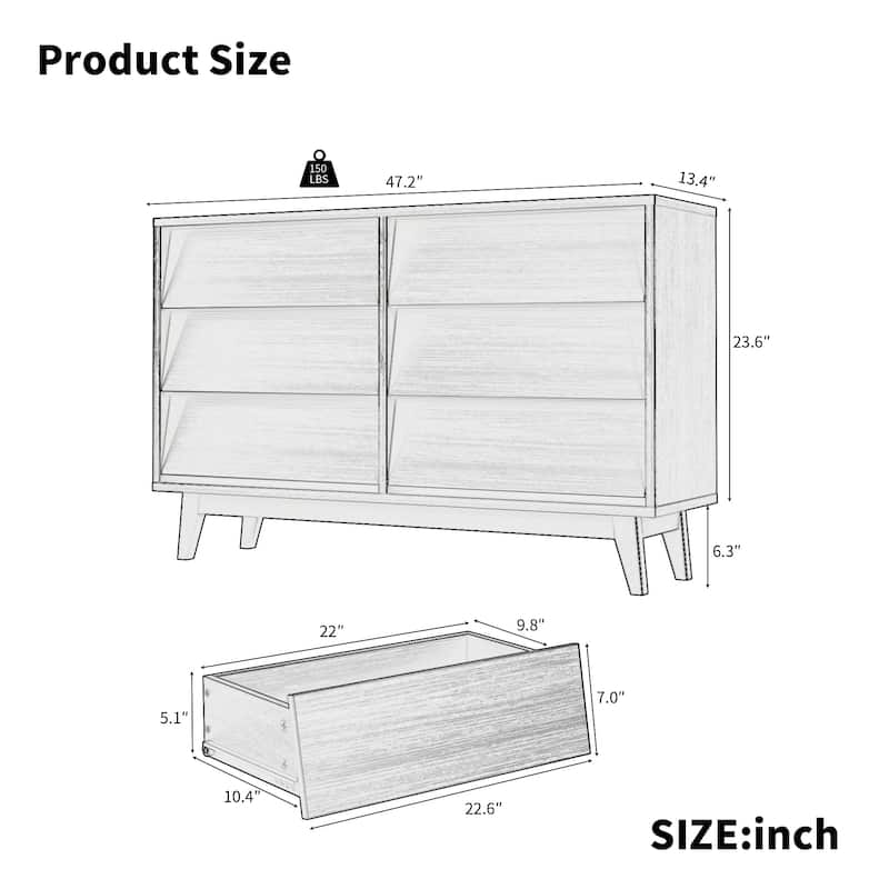 6 Drawer Dresser for Bedroom, Wide Wooden Storage Organizer, Double Dresses with Concealed Drawer Handles, Solid Wood Legs