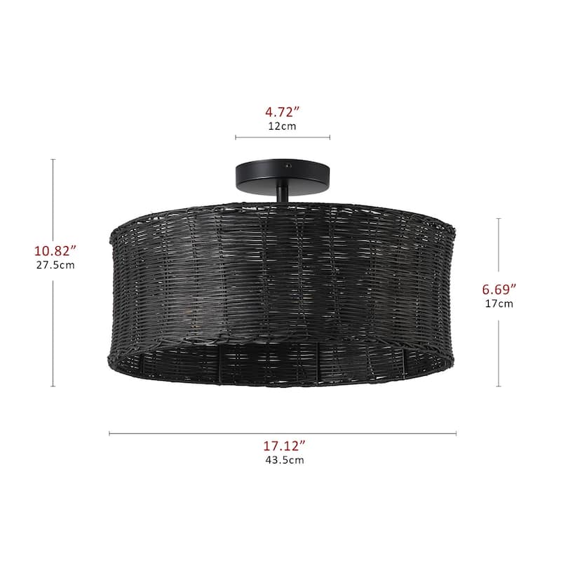 Farmhouse Woven Rattan 3-Light Drum Semi Flush Mount Ceiling Light Fixture