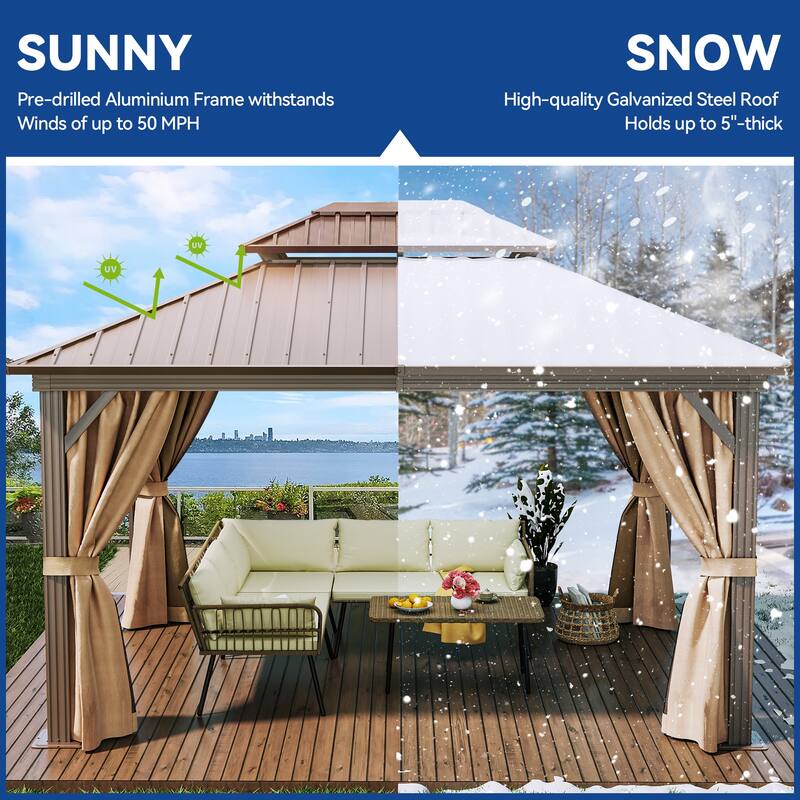 Outdoor Aluminum Frame 2-Tier Hardtop Gazebo with Nettings and Curtains