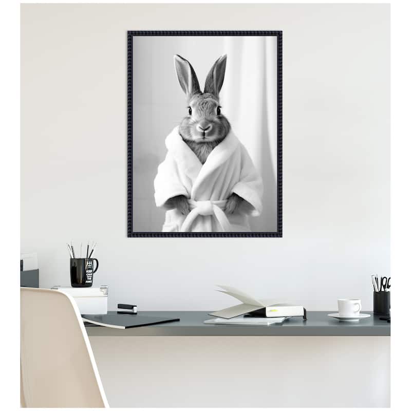 Kate and Laurel Sylvie Bunny Bathroom Art Towel Robe Black and White Framed Canvas by The Creative Bunch Studio