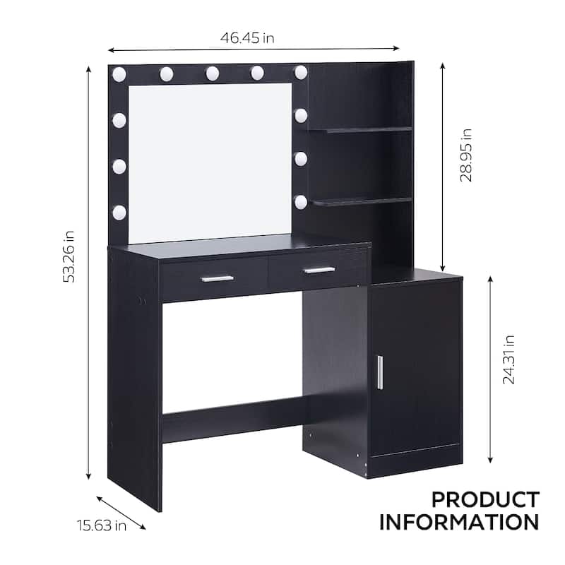 Dressing Vanity Desk with 2 Large Drawers & Large Vertical Organizer & Mirror with 3 Adjustable Lighting Modes