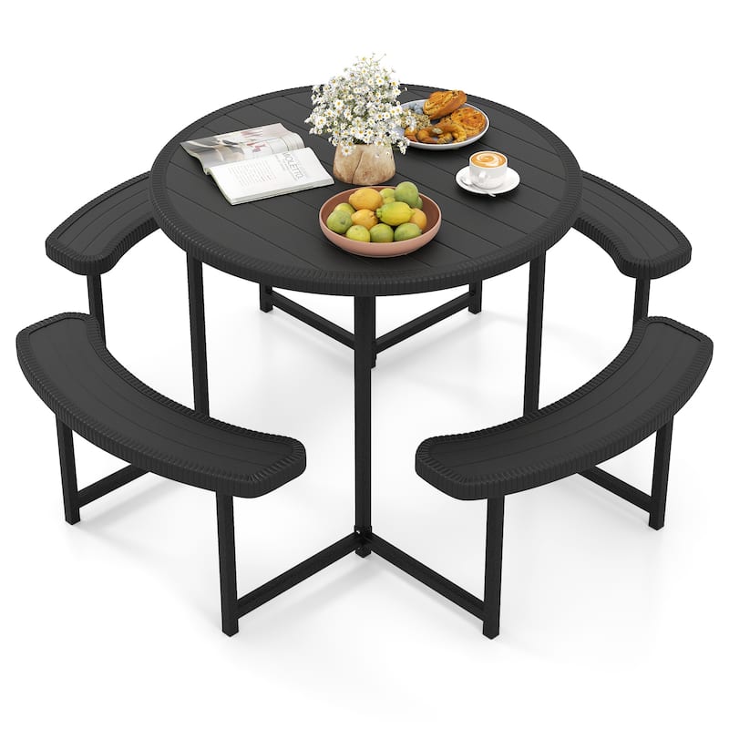HDPE Round Picnic Table Set with 4 Benches and Umbrella Hole Perfect for Patio or Balcony