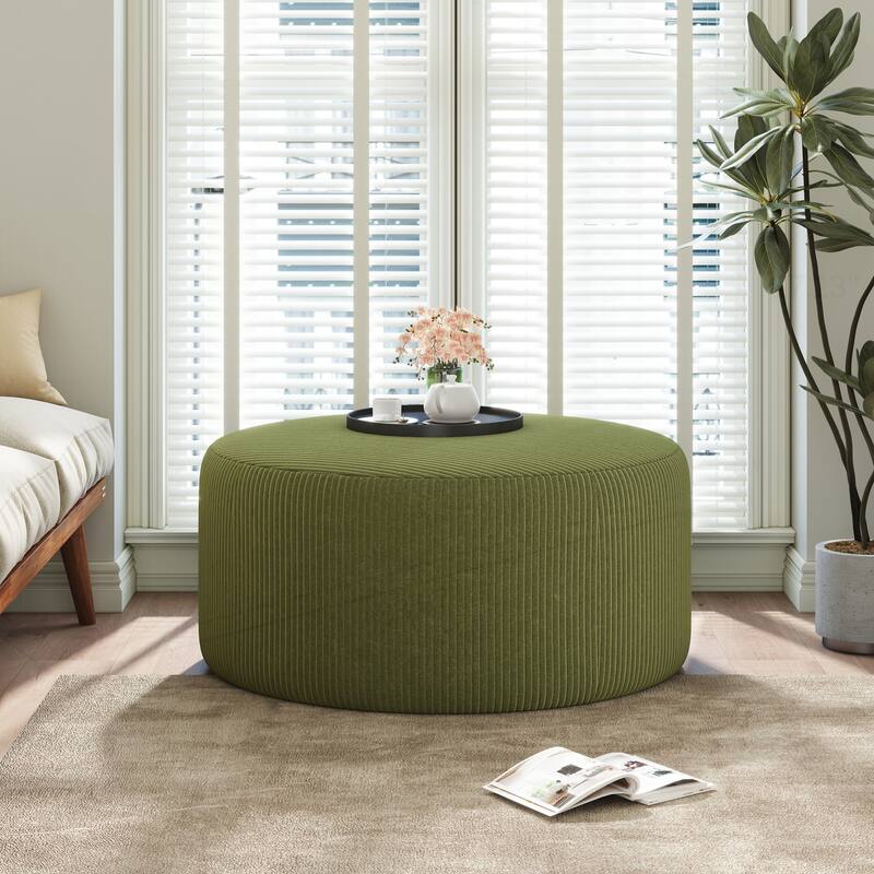 Upholstered Round Ottoman - Olive Green