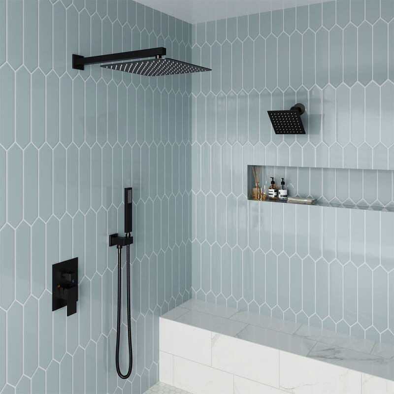 3-Spray Square 12 and 6 in. Dual Wall Mount Fixed and Handheld Shower Head in Matte Black, Valve Included - 12" x 12"