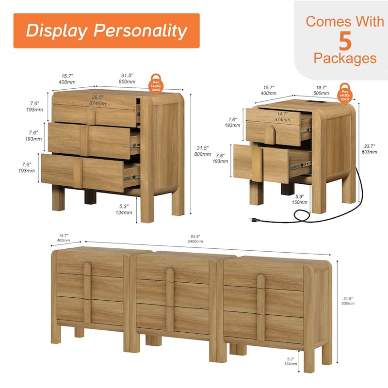 WAMPAT 5 Pcs Bedroom Set,9 Drawer Dresser And Nightstand Sets For Bedroom, Night Stand Set Of 2, 9 Drawer Dresser